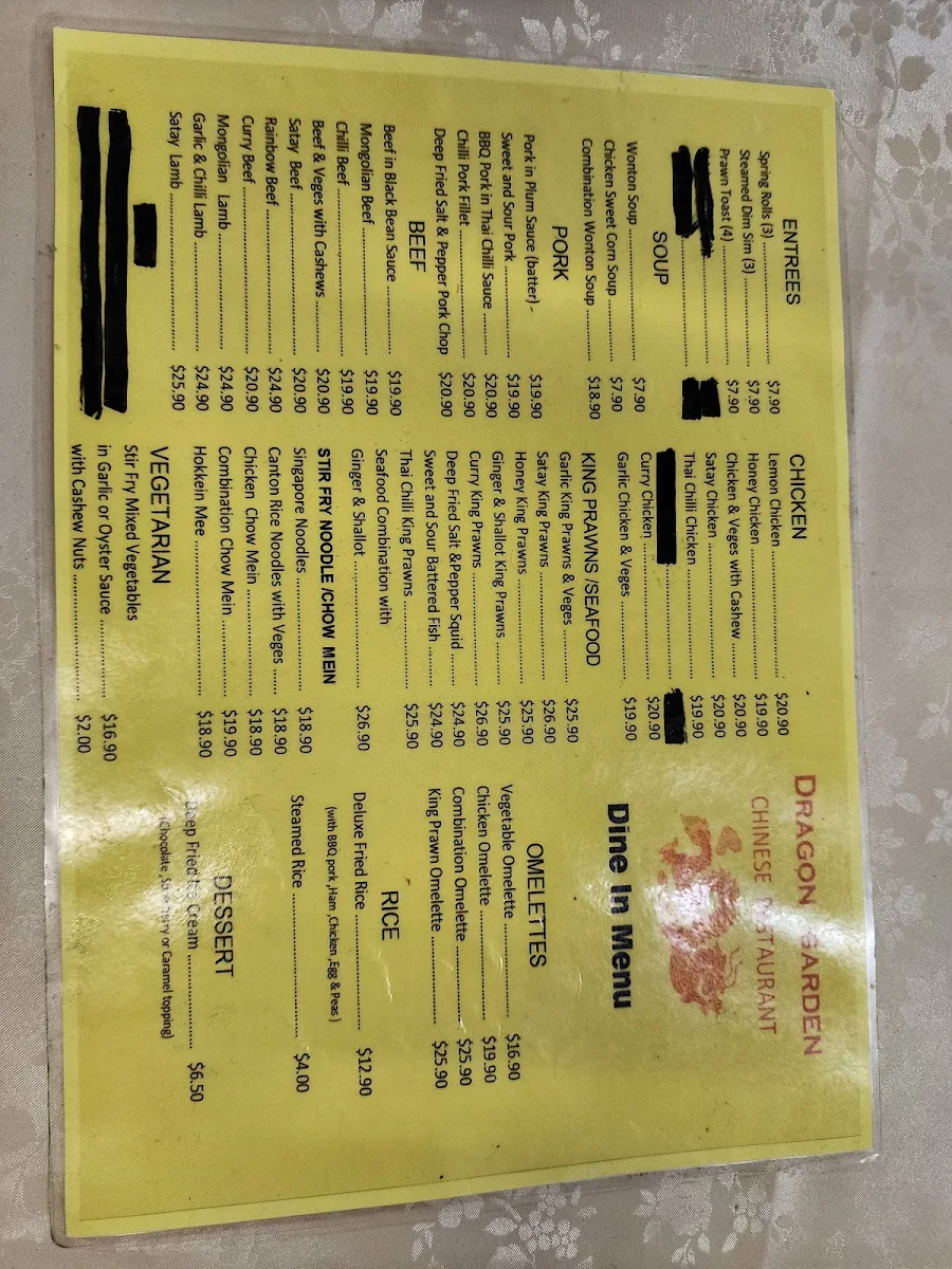 Menu, Dragon Garden Chinese Restaurant