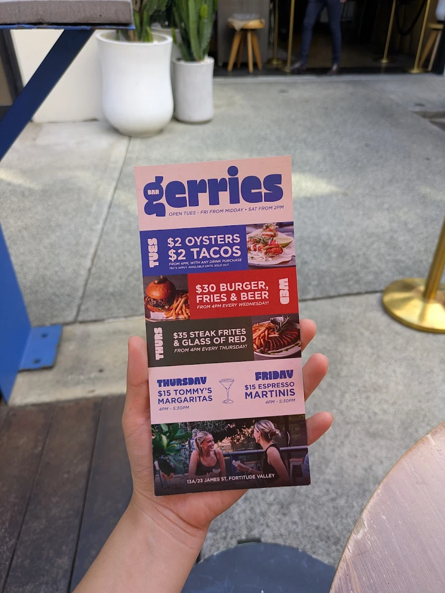 Menu, Gerries Bar