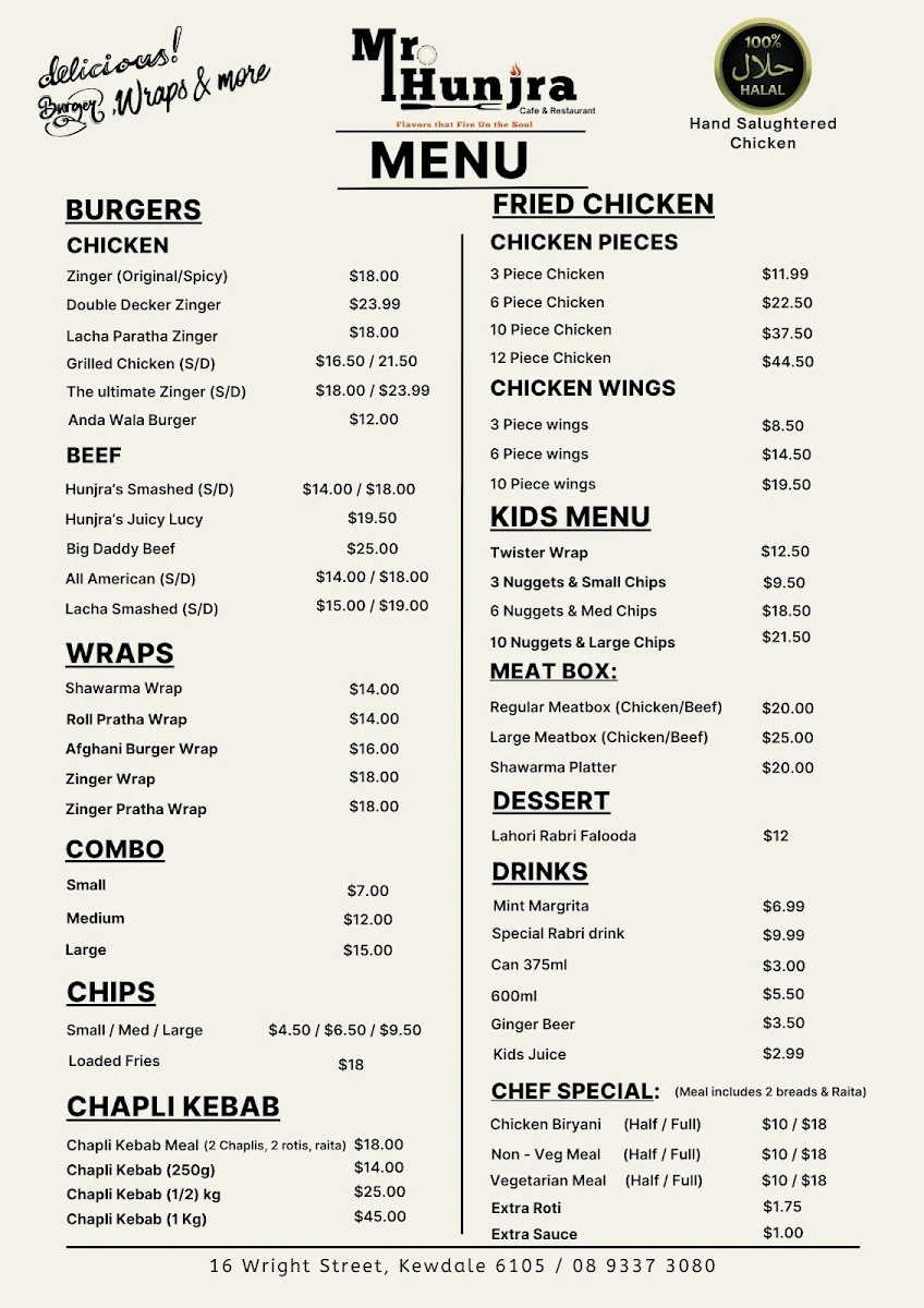 Menu, Mr Hunjra Cafe & Restaurant