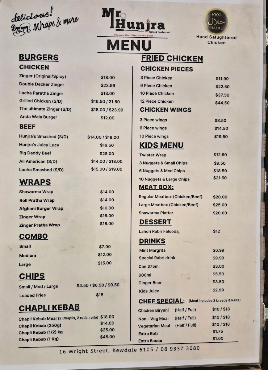 Menu, Mr Hunjra Cafe & Restaurant
