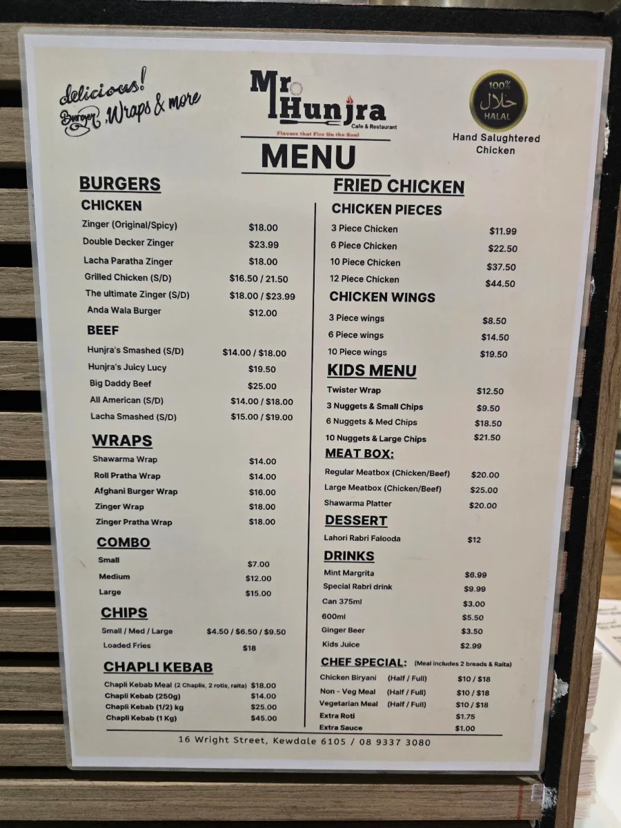 Menu, Mr Hunjra Cafe & Restaurant