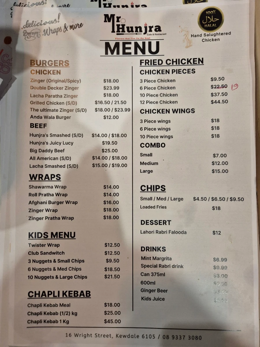 Menu, Mr Hunjra Cafe & Restaurant