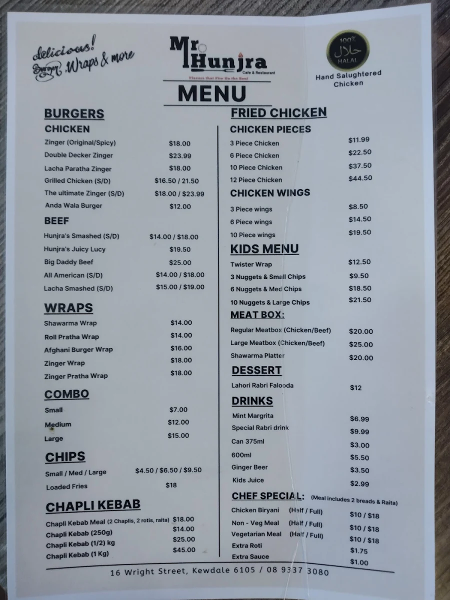 Menu, Mr Hunjra Cafe & Restaurant