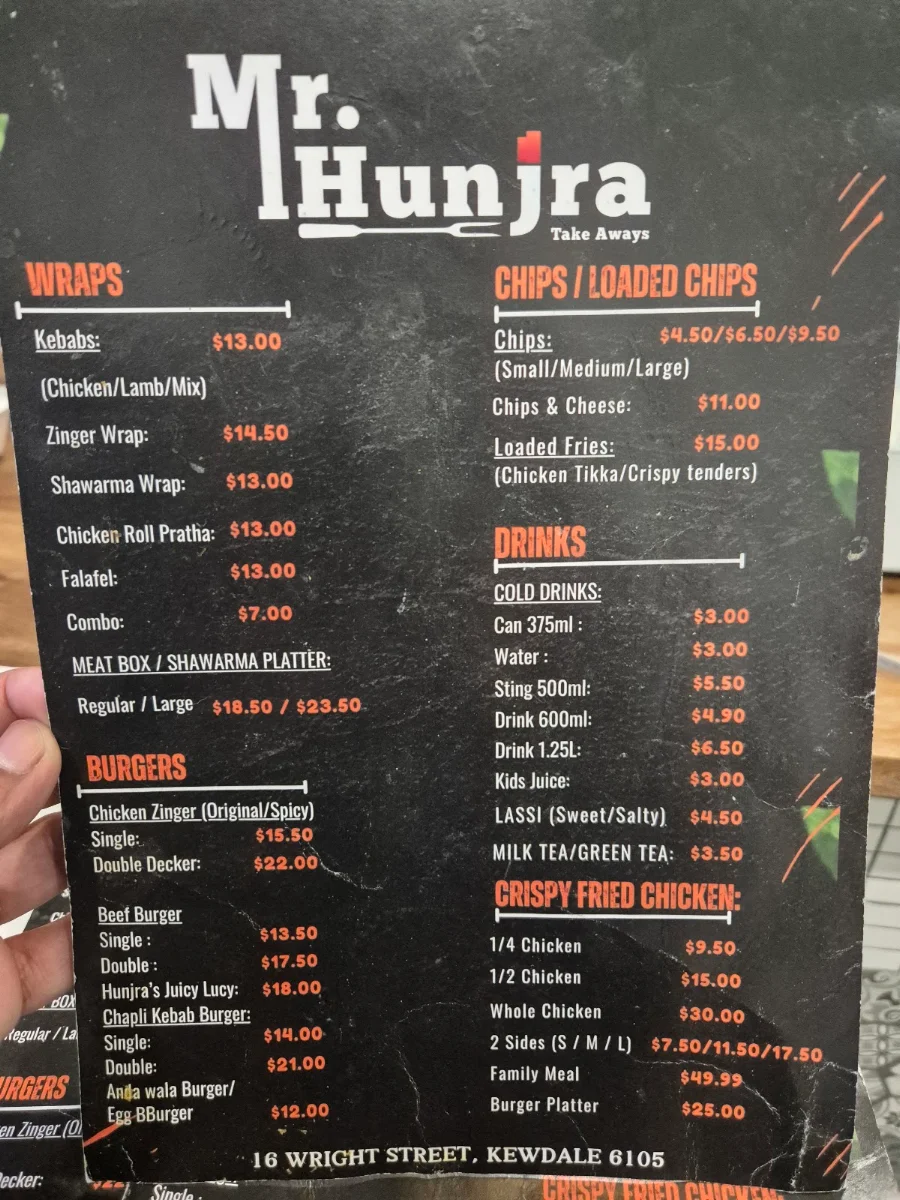 Menu, Mr Hunjra Cafe & Restaurant