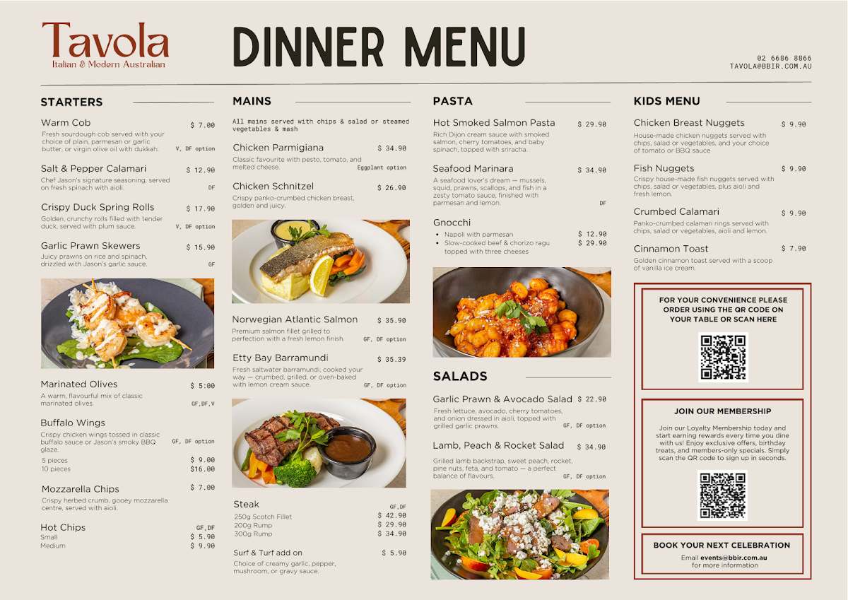 Menu, Tavola Restaurant Bar