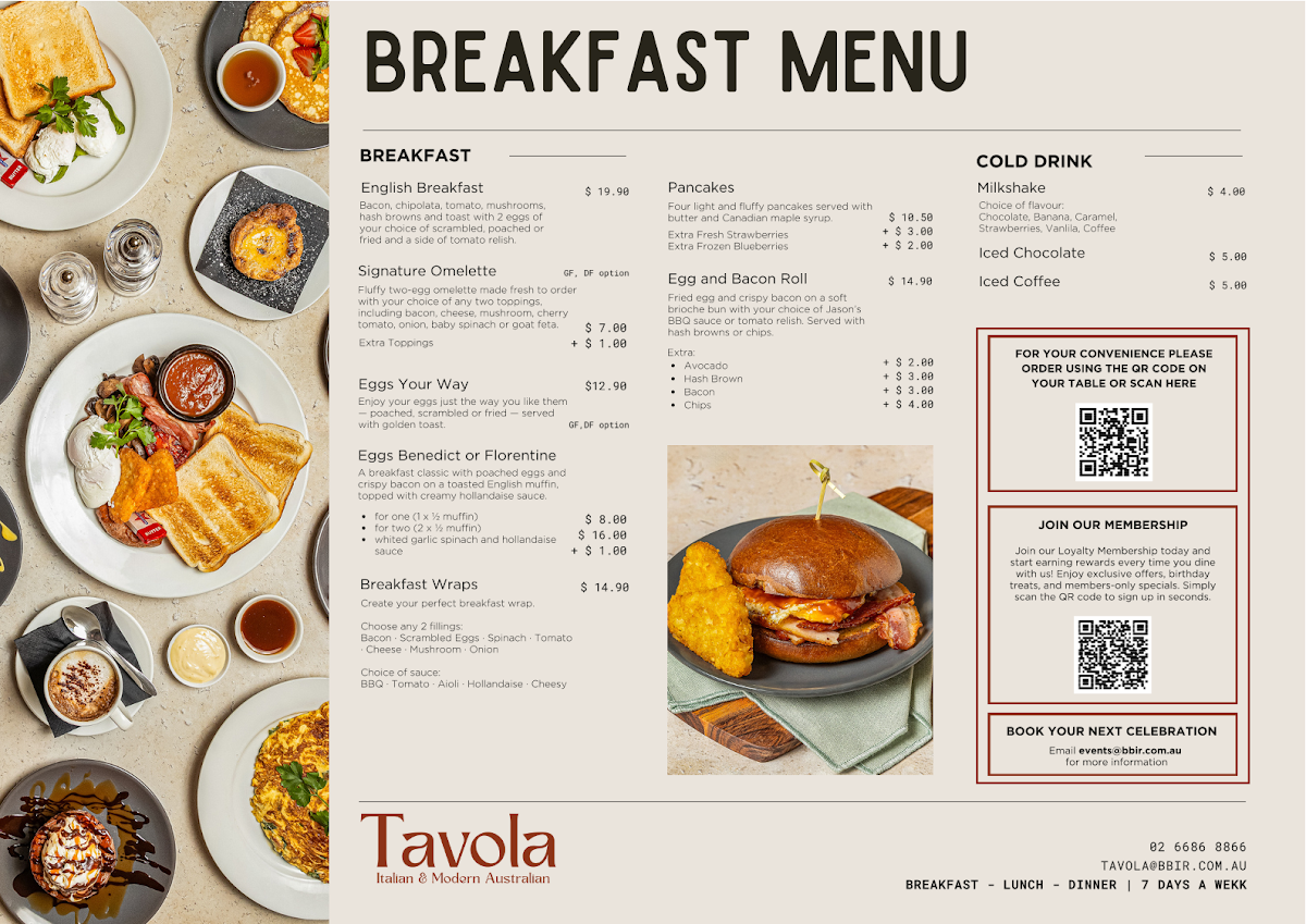 Menu, Tavola Restaurant Bar