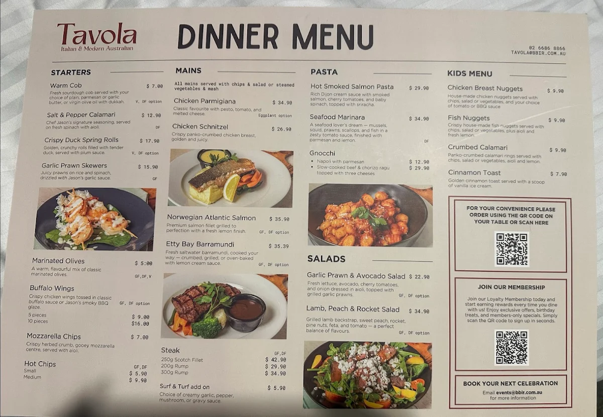 Menu, Tavola Restaurant Bar