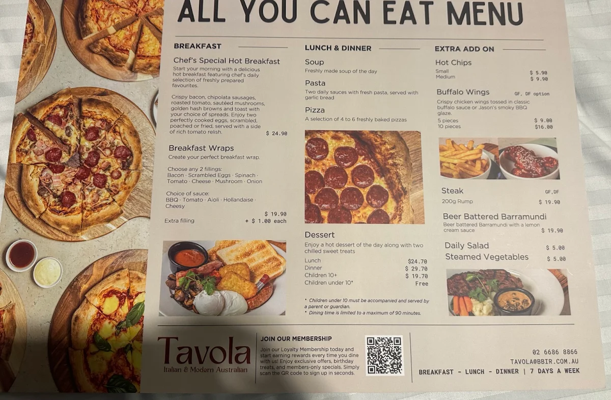 Menu, Tavola Restaurant Bar