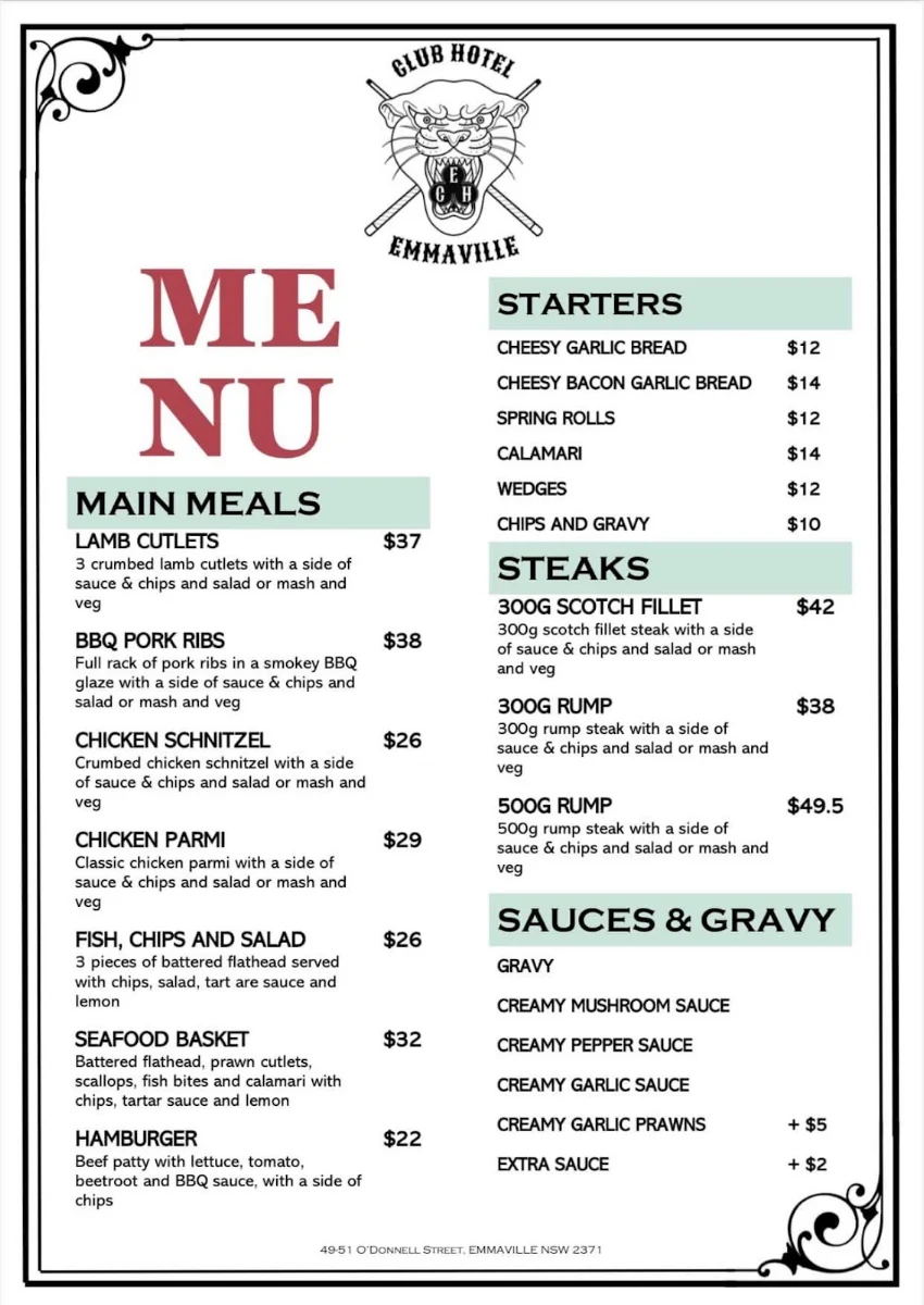 Menu, Emmaville Club Hotel
