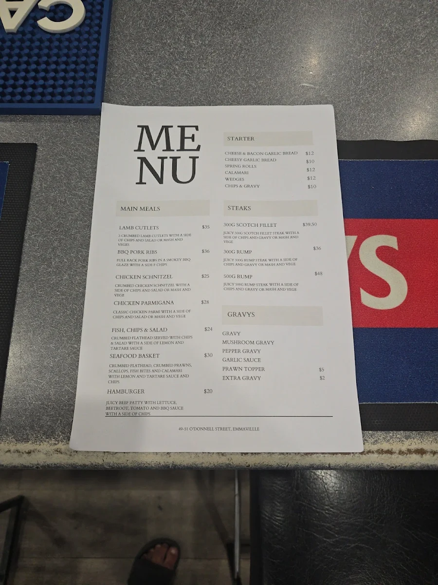 Menu, Emmaville Club Hotel