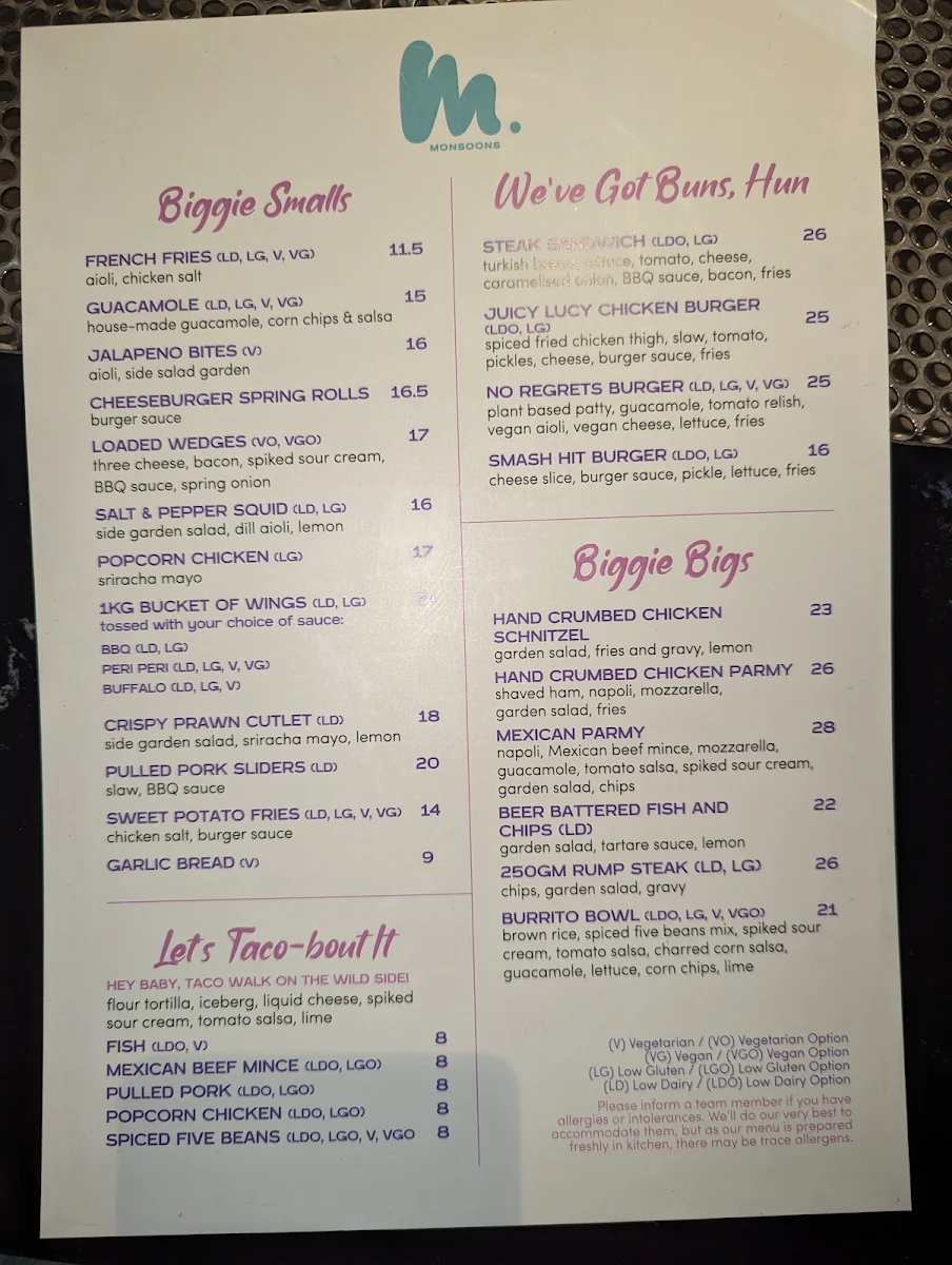 Menu, Monsoons Darwin