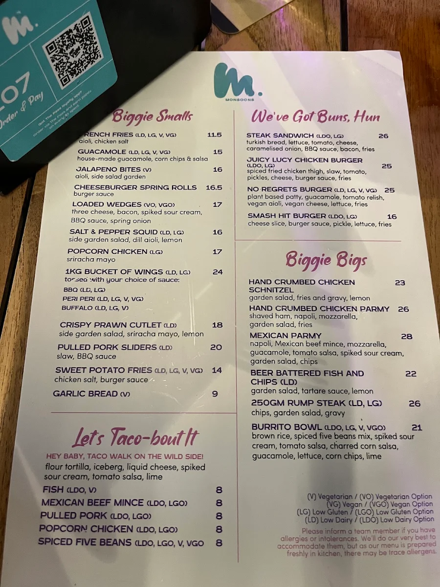 Menu, Monsoons Darwin