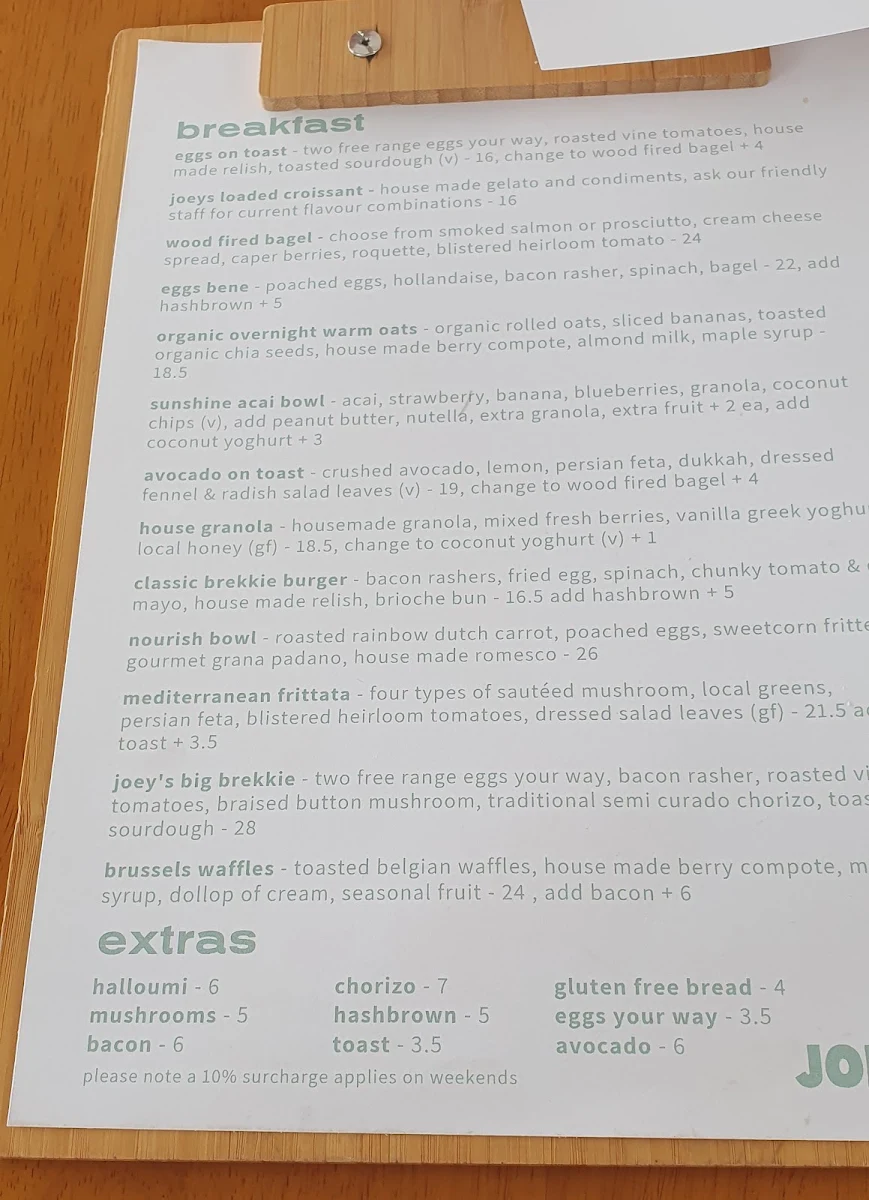Menu, Joey's