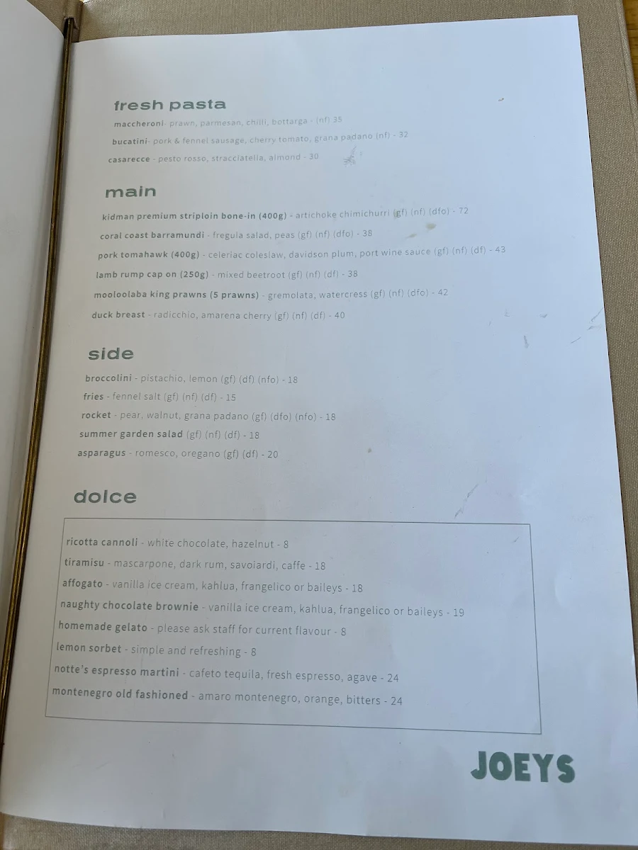Menu, Joey's