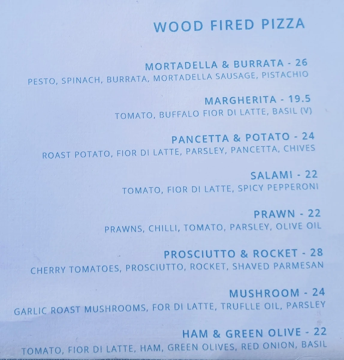 Menu, Joey's