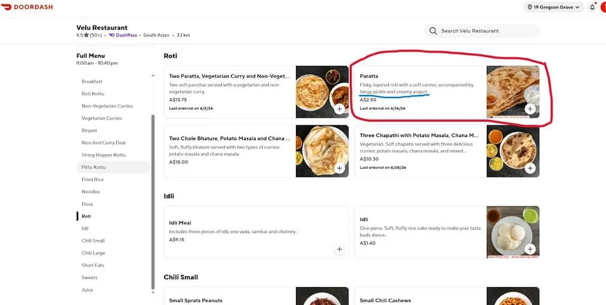 Menu, VELU RESTAURANT