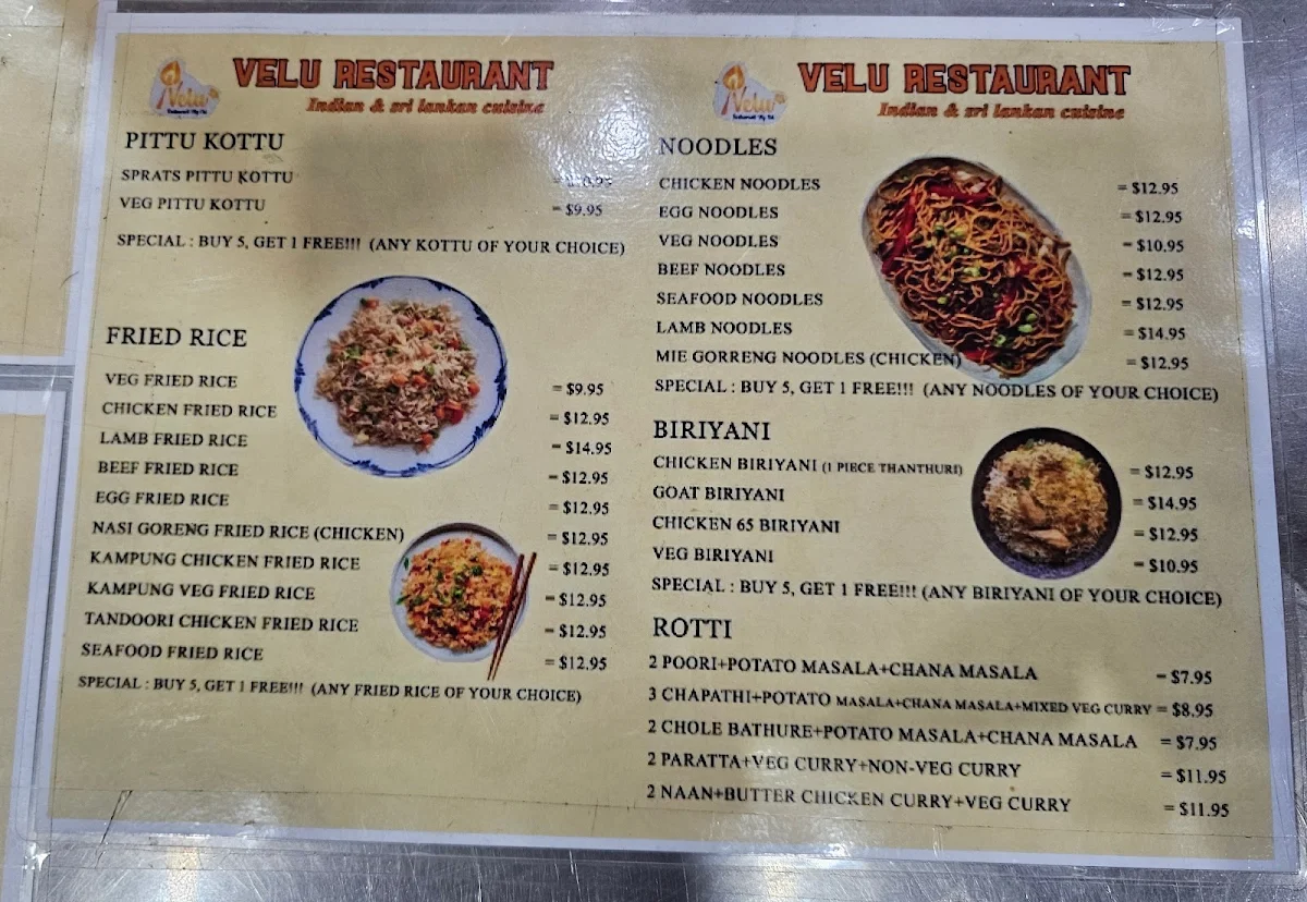 Menu, VELU RESTAURANT