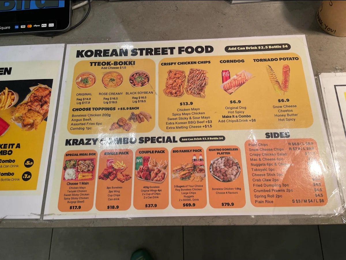 Menu, Krazy Bird Chester Hill
