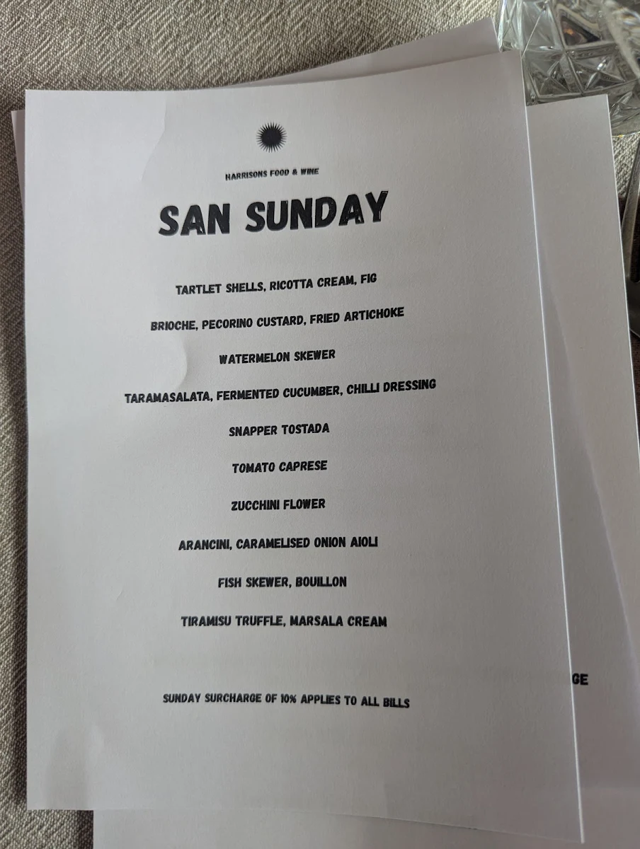 Menu, Harrisons Food & Wine