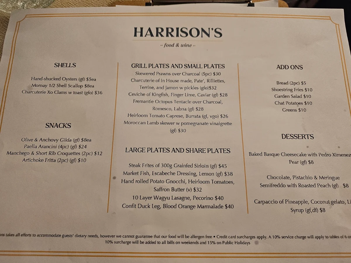 Menu, Harrisons Food & Wine
