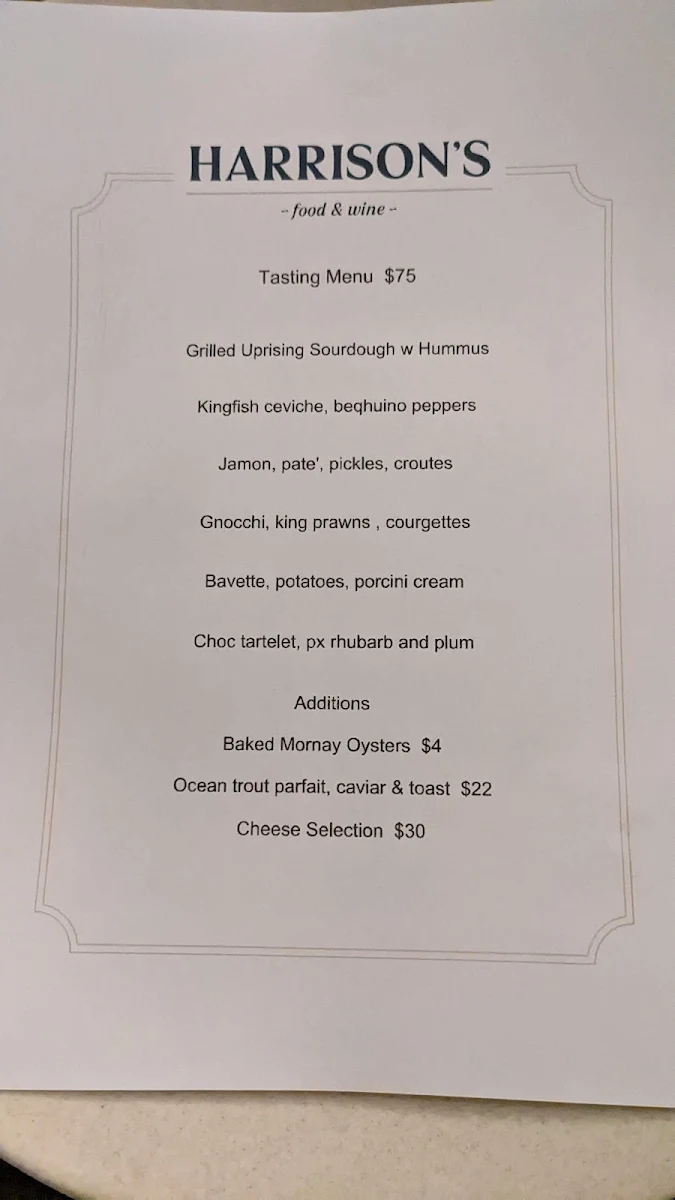 Menu, Harrisons Food & Wine
