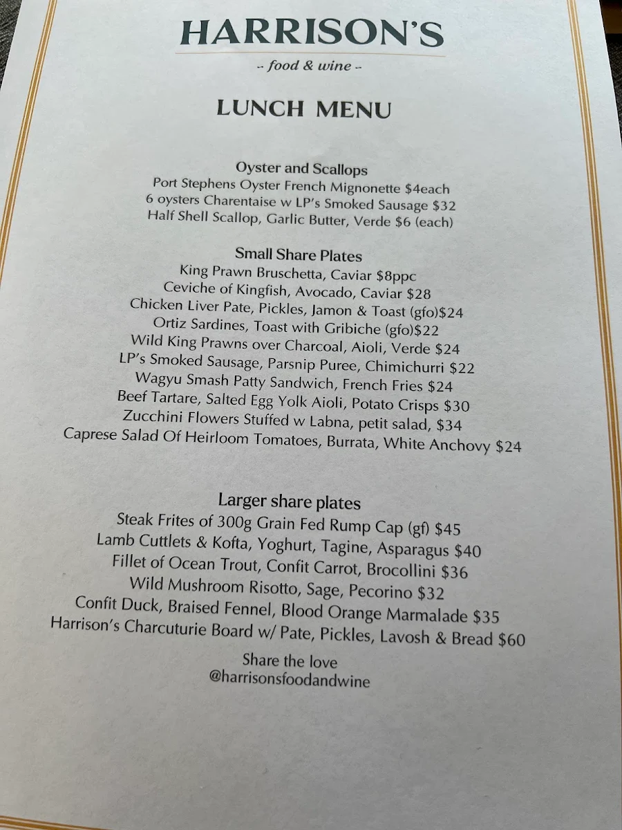 Menu, Harrisons Food & Wine