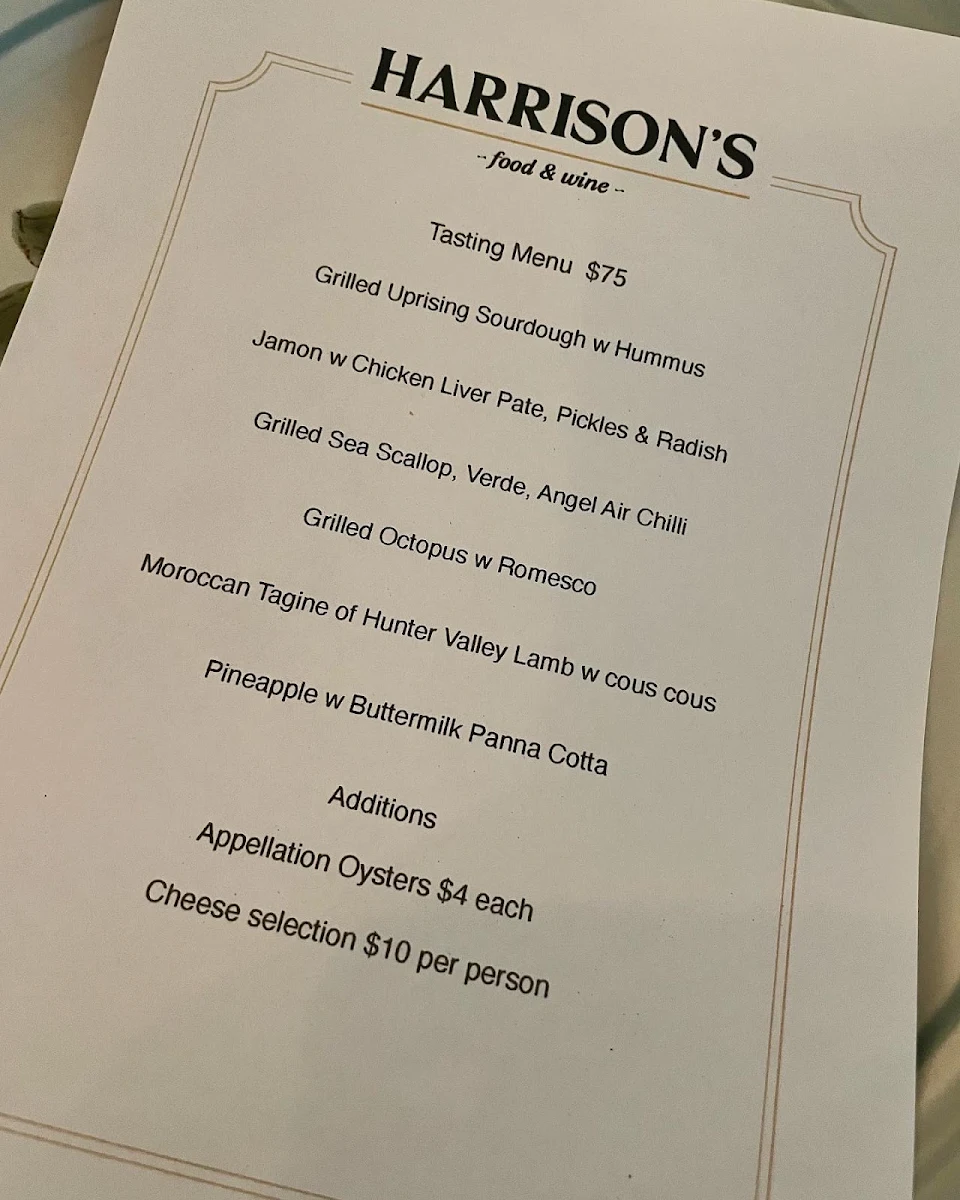 Menu, Harrisons Food & Wine