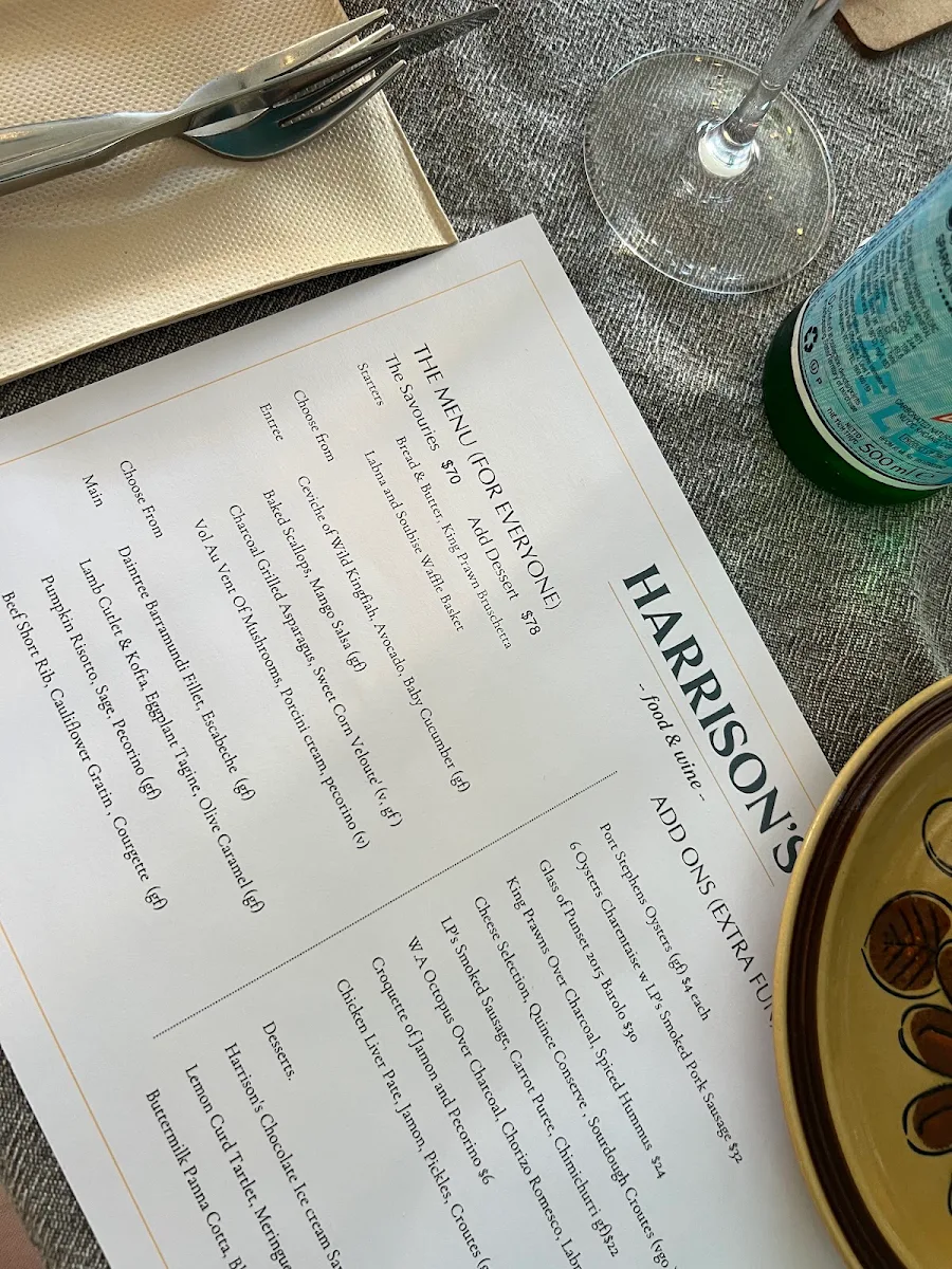 Menu, Harrisons Food & Wine