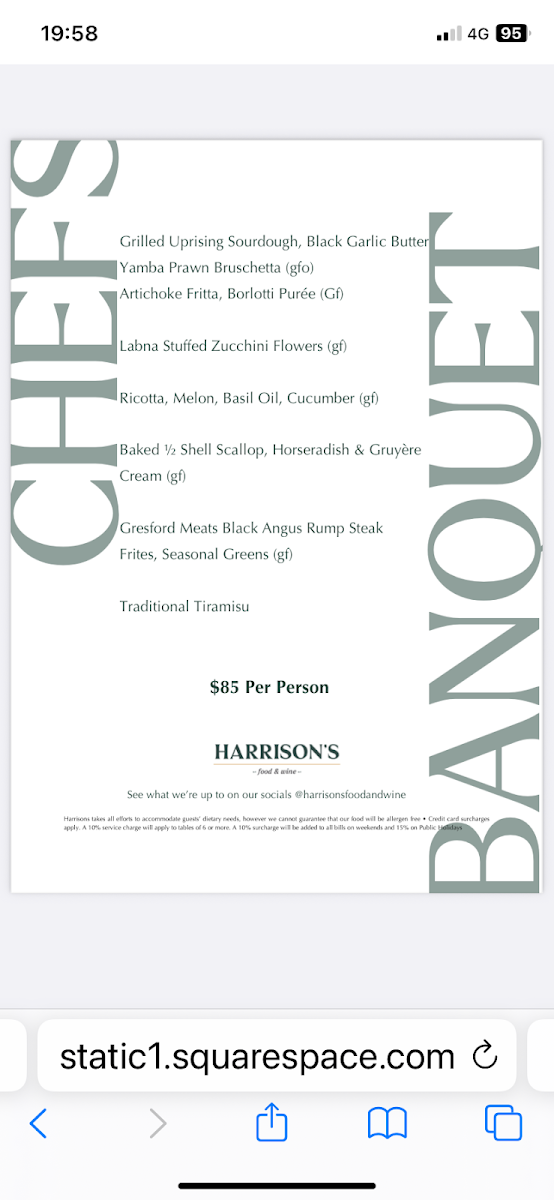 Menu, Harrisons Food & Wine