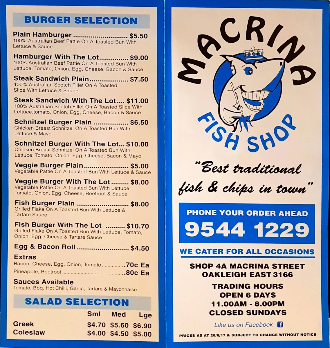 Menu, Macrina Fish Shop