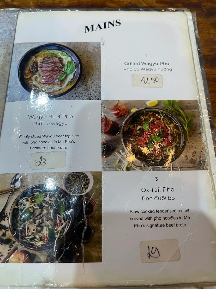 Menu, Me Pho Vietnamese Street Food