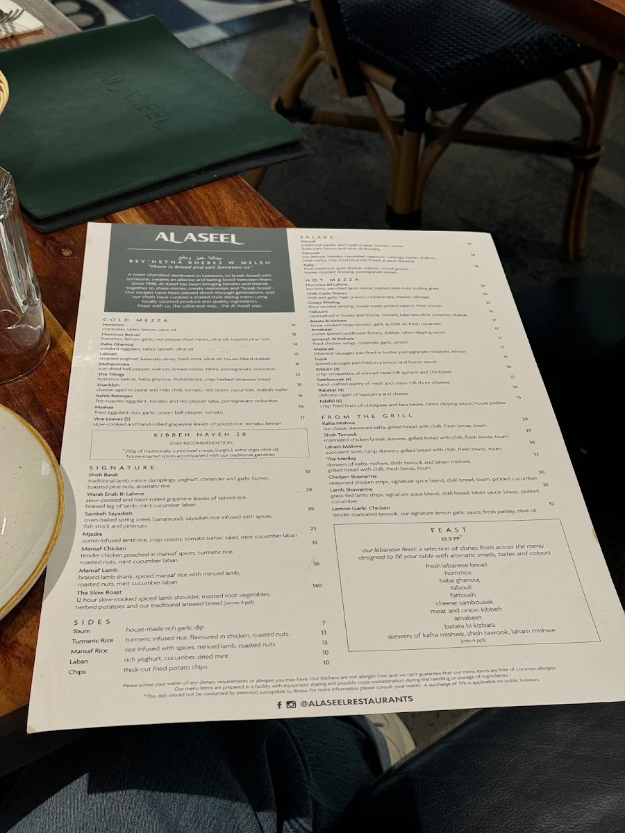 Menu, Al Aseel Restaurant Castle Hill
