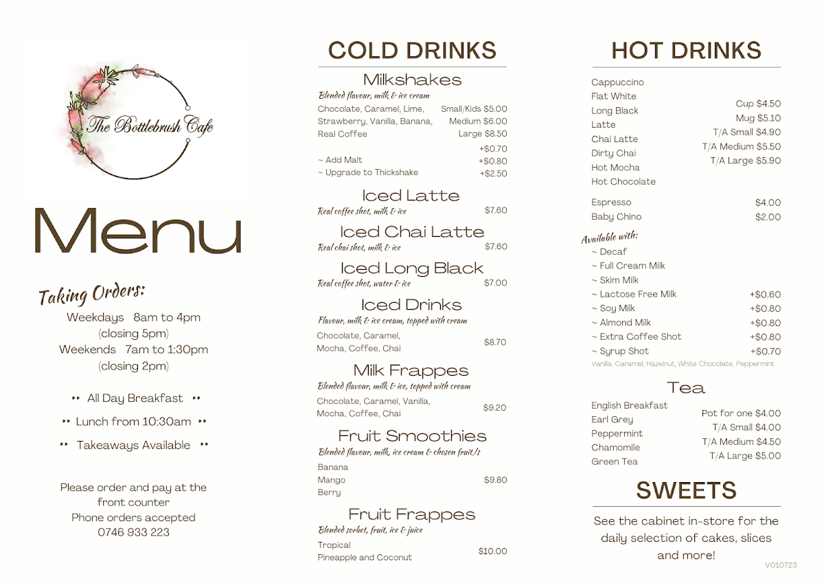Menu, The Bottlebrush Cafe