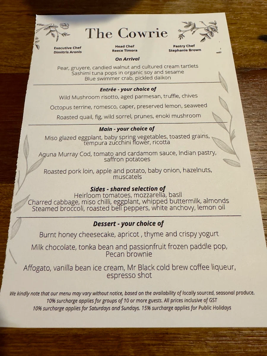 Menu, The Cowrie Restaurant