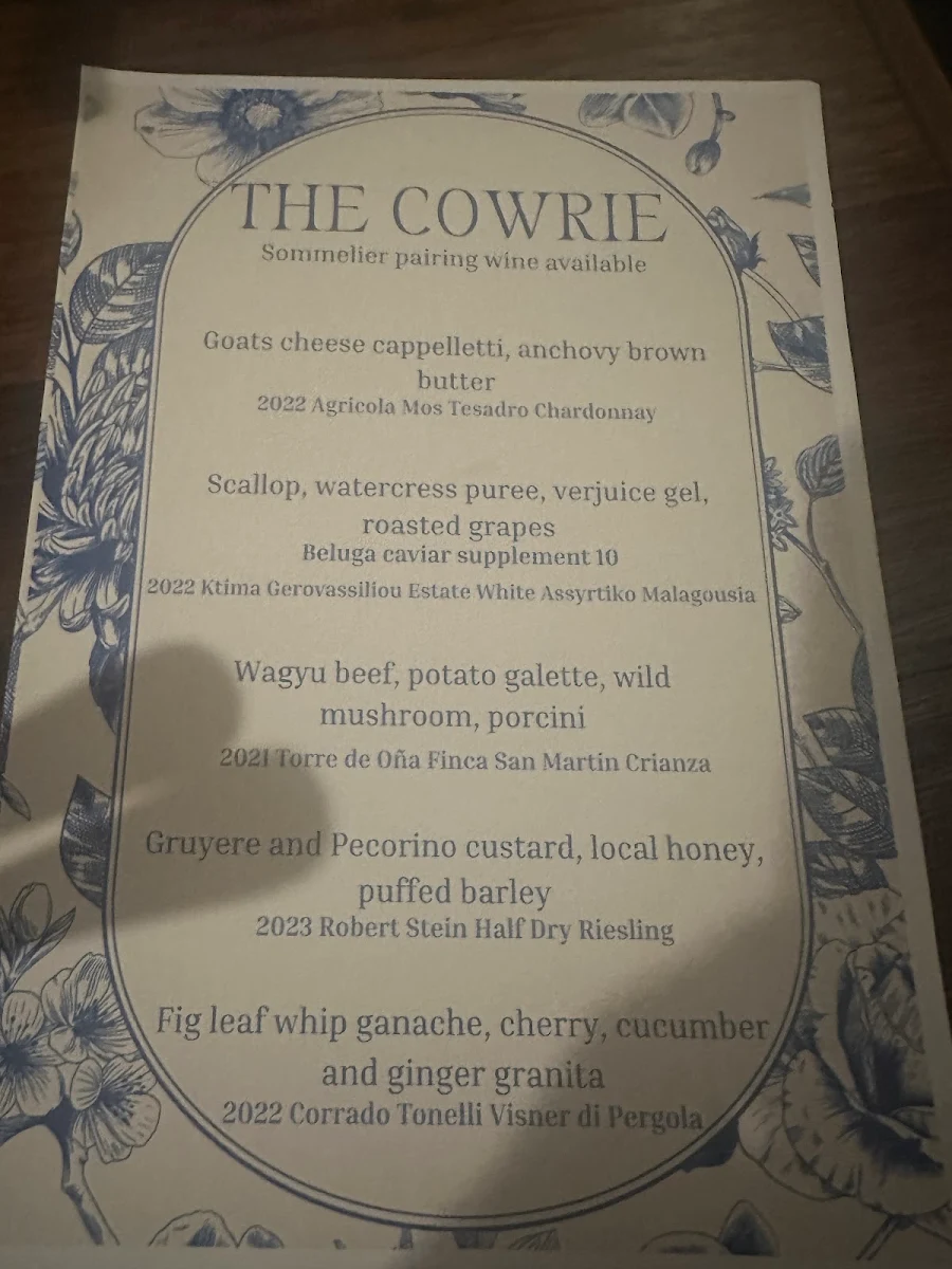 Menu, The Cowrie Restaurant