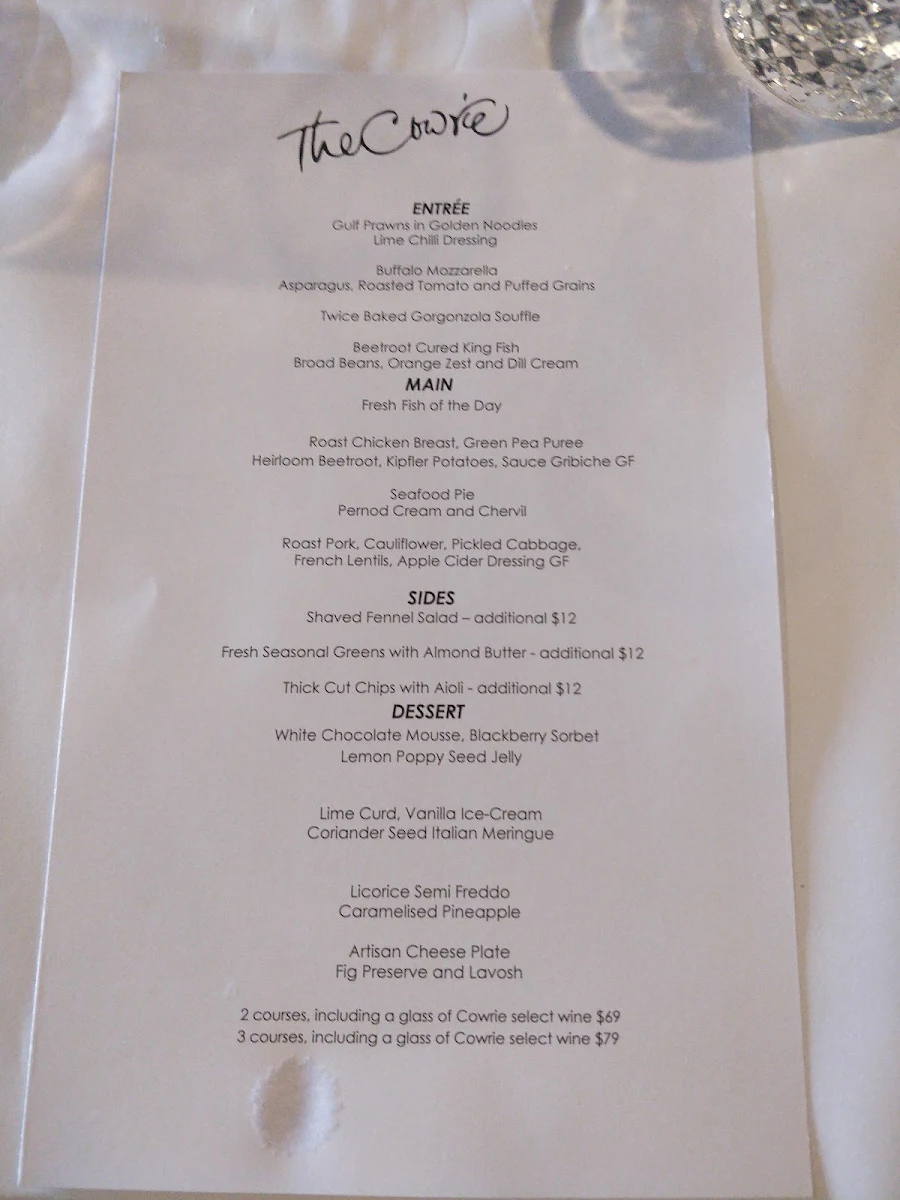 Menu, The Cowrie Restaurant