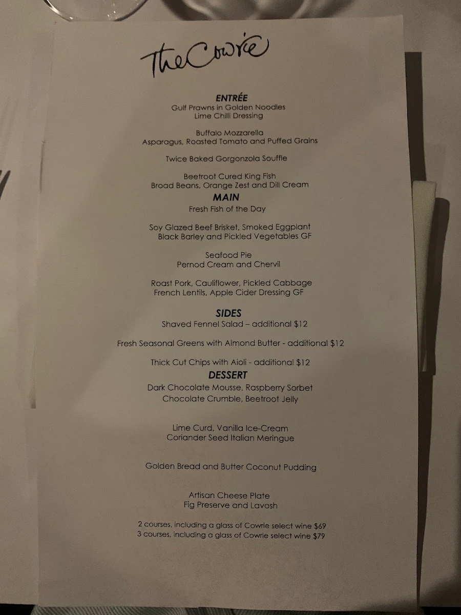 Menu, The Cowrie Restaurant
