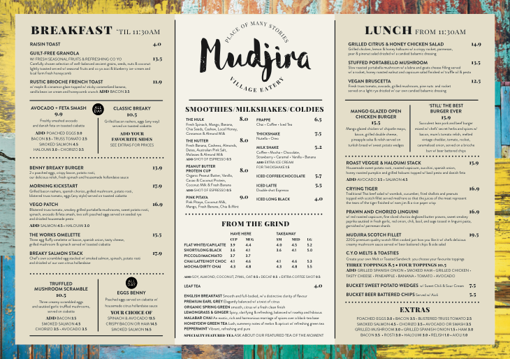 Menu, Mudjira Village Eatery