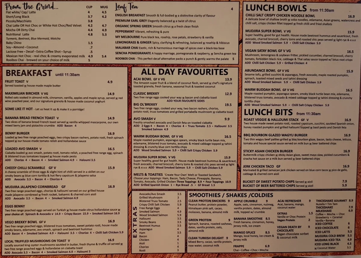 Menu, Mudjira Village Eatery