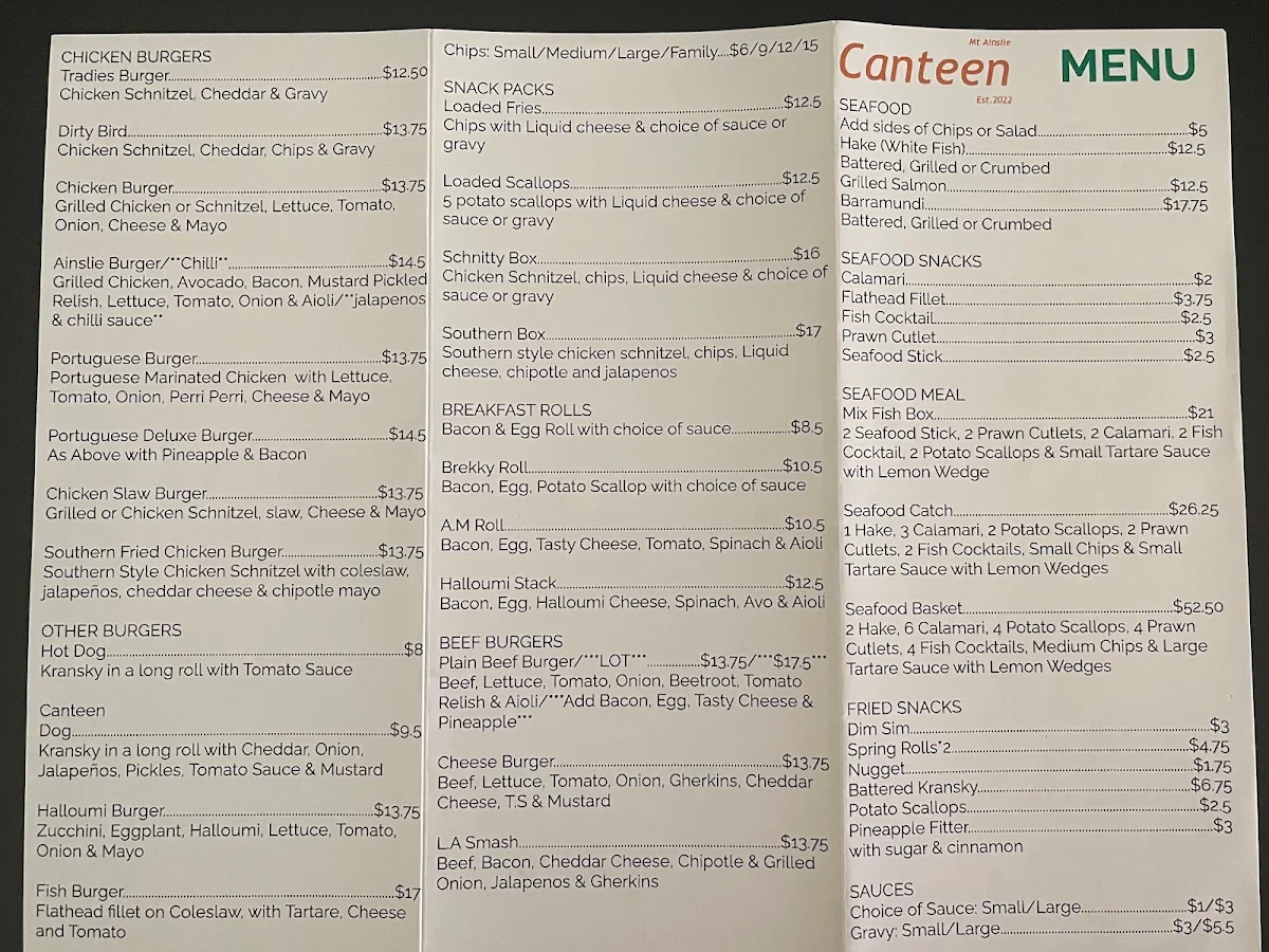 Menu, Mt Ainslie Canteen