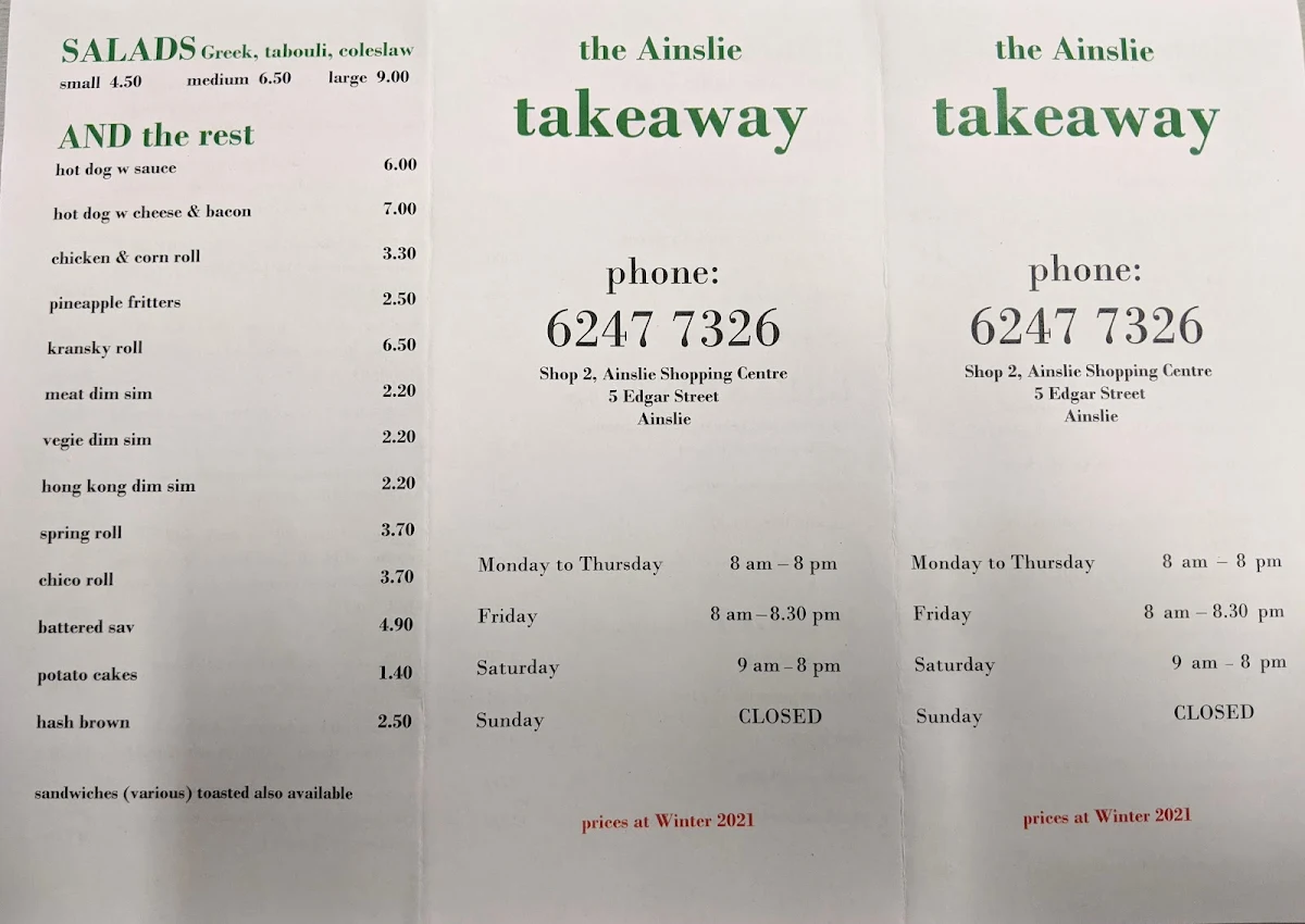 Menu, Mt Ainslie Canteen