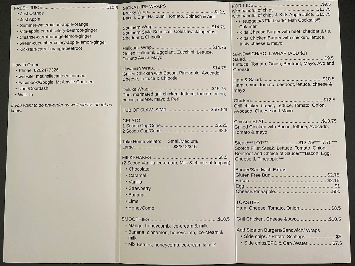 Menu, Mt Ainslie Canteen