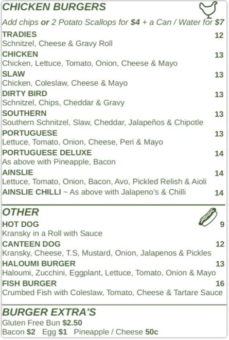 Menu, Mt Ainslie Canteen