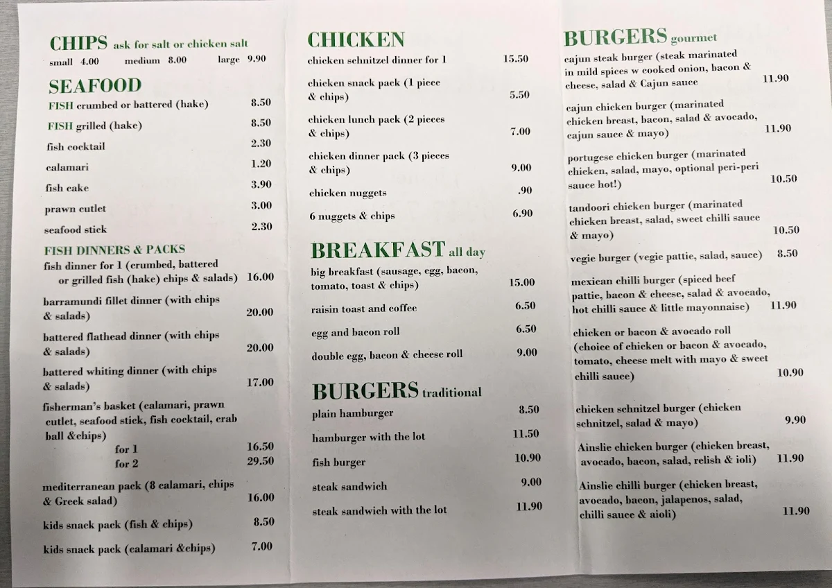 Menu, Mt Ainslie Canteen