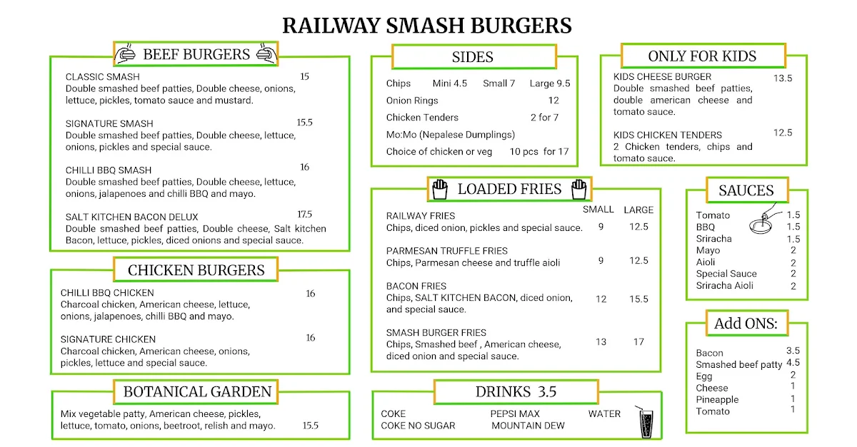 Menu, Railway Smash Burgers