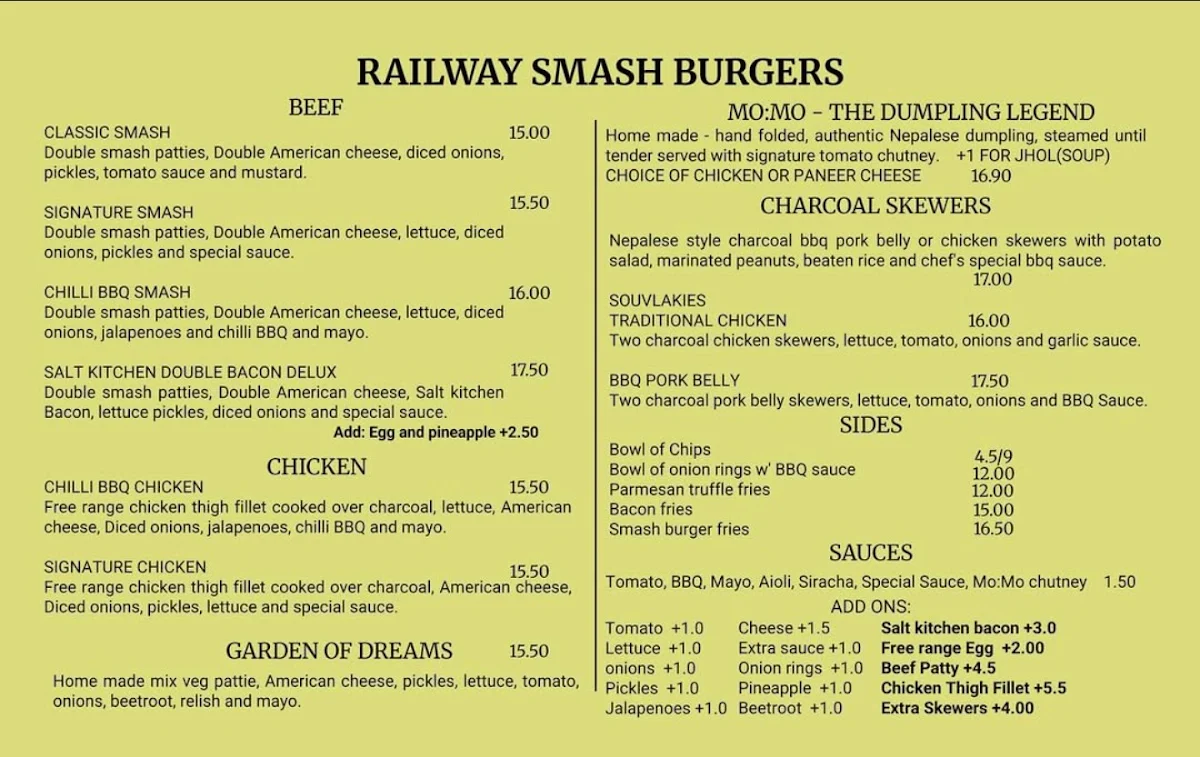 Menu, Railway Smash Burgers