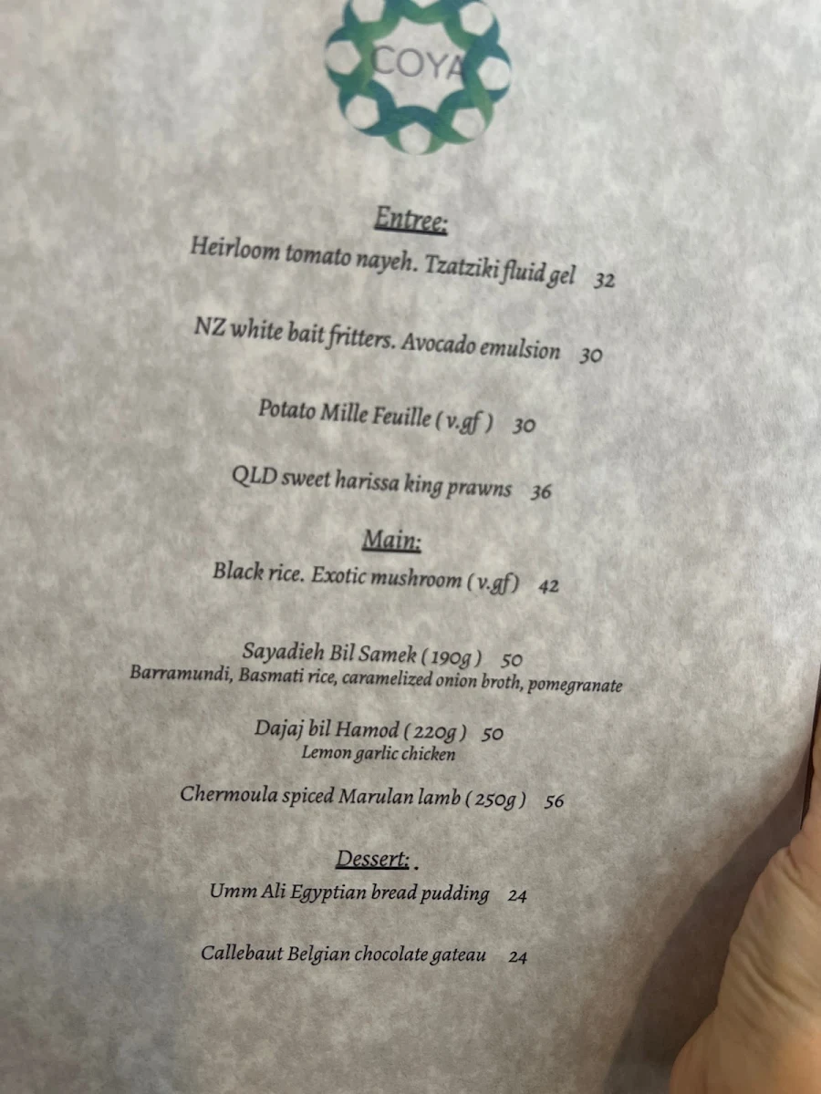 Menu, COYA