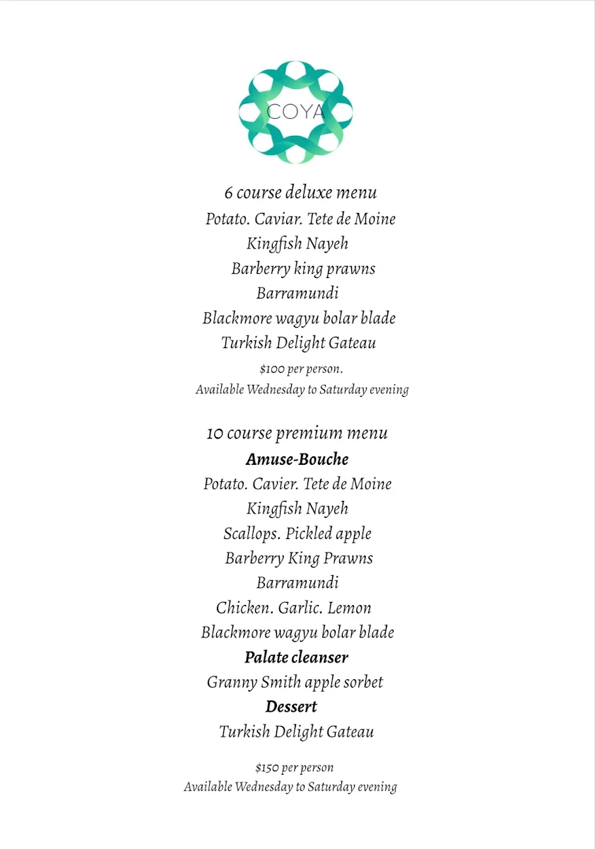 Menu, COYA