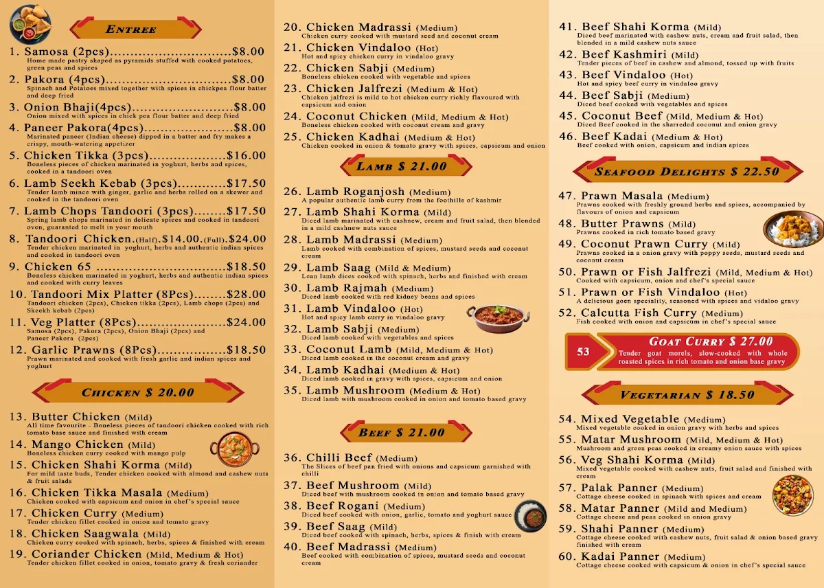 Menu, Indian Curry Devonport