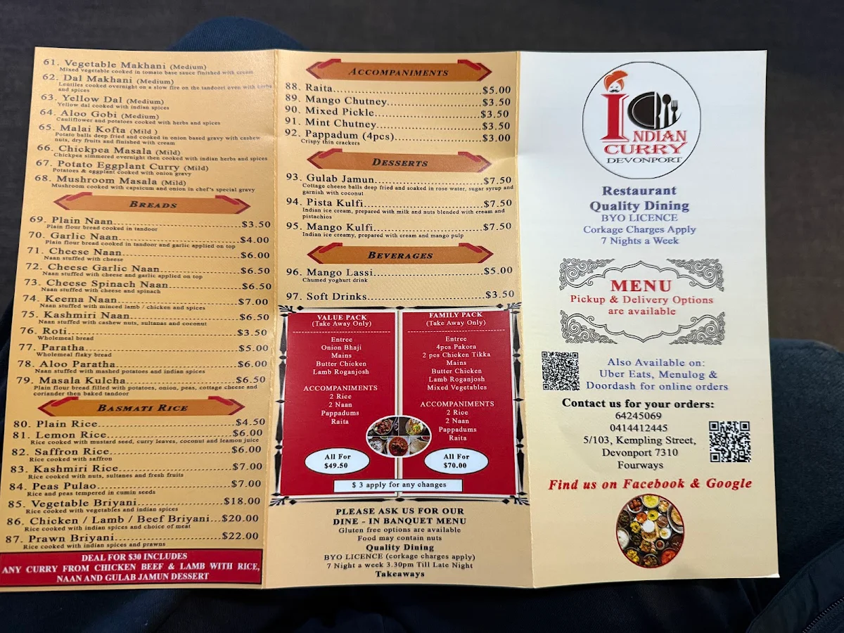 Menu, Indian Curry Devonport